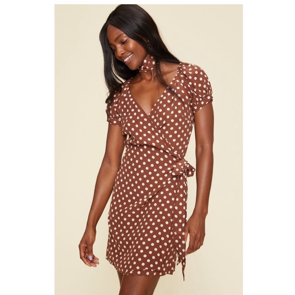 LPA Gianna Revolve brown polka dot wrap tie dress size small mini skirt